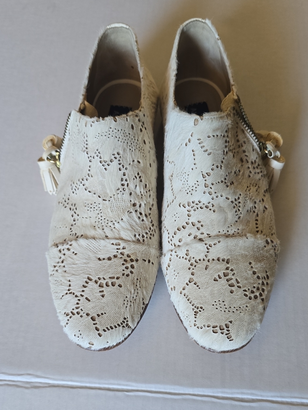The Office of Angela Scott Laser-Cut Calf Hair Zip Booties Size 36.5 US 6.5(OBO)